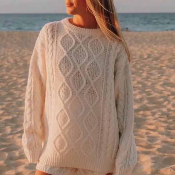 Daily Drills Fisherman Sweater Women's XS/S Wool Alpaca Crewneck Cream Neutral - Picture 1 of 12